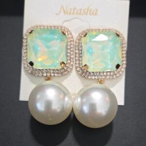 Natasha Couture Green Oversized Pearl Earrings